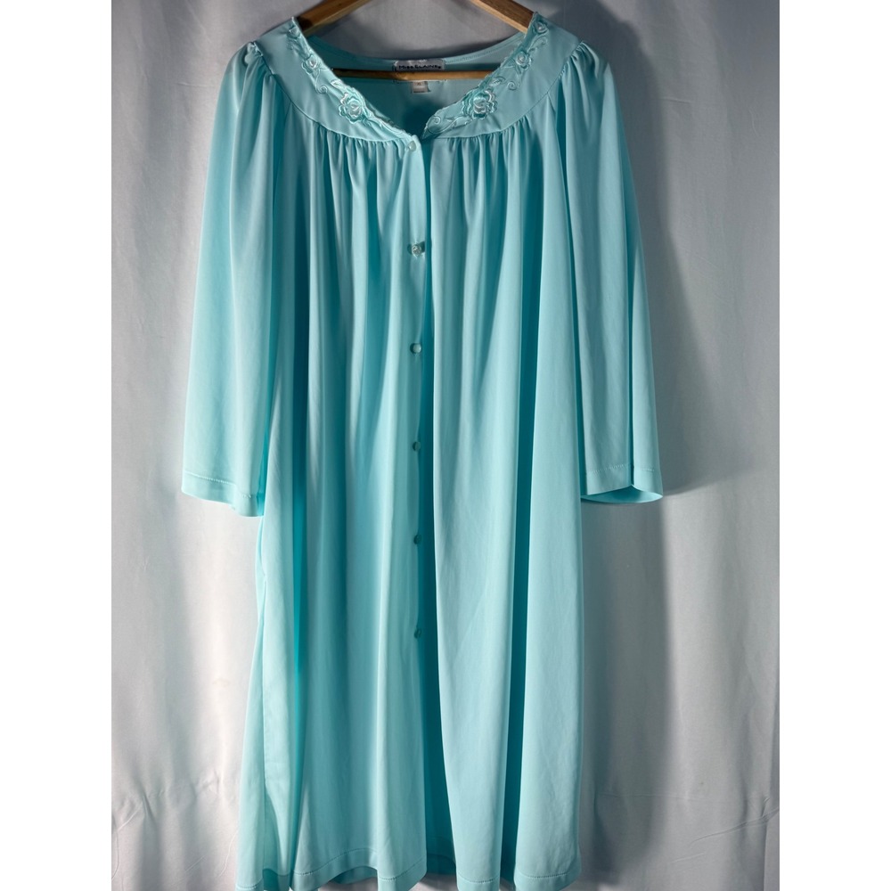 VTG Miss Elaine Light Blue Floral‎ Embroidered Button Front Nightgown XL